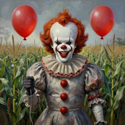 grunge painting of a cornfield with a wide smile and a red balloon by chris leib, loony toons style, pennywise style, corpse bride style, horror theme, detailed, elegant, intricate, conceptual, volumetric light