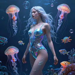 jellyfish and sea creatures swimming around beautiful woman body, elegant, highly detailed, smooth, sharp focus, trippy, dmt, psychedelic, illustration, beautiful, geometric, trending on artstation, cinematic, artwork by WLOP