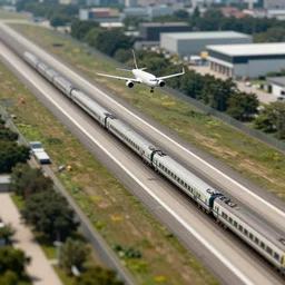 an aerial view of a plane and a train on a runway, a tilt shift photo by richard wilson, shutterstock contest winner, optical illusion, tilt shift, symmetrical, photo