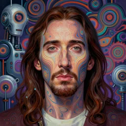 a portrait of nicholas cage as jesus on an acid trip, upper half portrait, robotic background, psychedelic painting on face, intricate, elegant, highly detailed, digital painting, trending on artstation, concept art, smooth sharp focus, illustration, art by artgerm and greg rutkowski