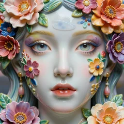 very colorful face portrait, artwork by jean delville made of flowers, cloud, very very glossy eyes, chiara bautista, hyperdetailed realistic smooth polished porcelain, beautiful provenance queen, art nouveau, highly saturated colors, very very very very very vibrant, delicate, ultrasharp hyperdetailed photorealistic octane render, enchanting, otherworldly, whimsical, ethereal, mythology