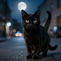 the most beautiful black cat ever seen with big eyes in the middle of the street at mid night with the moon in the sky. Award winning. Unreal 5. Realistic. Highly detailed. Artstation. Professional photographer.