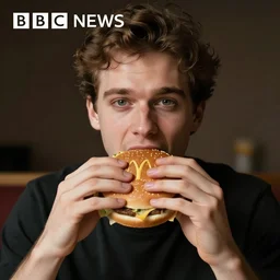 bbc news, captions, a bad guy eating hamburger in the macdonald.