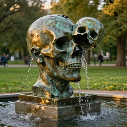 bronze statue on pedestal in park of mummified head, death mask, open cranium, hollow!!!!, broken!!!!, water pouring from back into stream below, 4 k image, golden hour, sigma lens