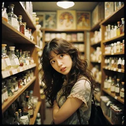 lomography, portrait of a young woman in a alchemist's potion shop interior shopping, face by yoshinari yoh, dynamic pose and perspective, detailed facial features, curvilinear, alphonse mucha, anime frames