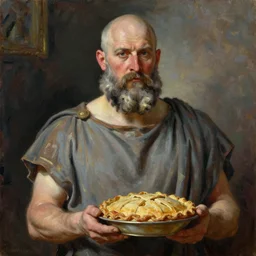 beautiful oil painting portrait of hefty ethan van sciver with a bald head and closely trimmed grey beard and pointed nose as an ancient roman god holding a pie, art by anders zorn, wonderful masterpiece by greg rutkowski, expressive brush strokes, beautiful cinematic light, american romanticism by greg manchess, jessica rossier, artgerm, featured on artstation, cgsociety, award winning