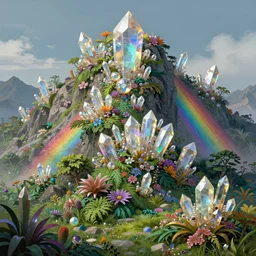 rainbow mountain in peru made of gemstone and crystal and glass, iridescent, refractive and reflective, crystalline pearly, verdant and lush and overgrown colorful foliage, fantasy, intricate, elegant, highly detailed, digital painting, artstation, concept art, matte, sharp focus, illustration, hearthstone, art by artgerm and greg rutkowski and alphonse mucha