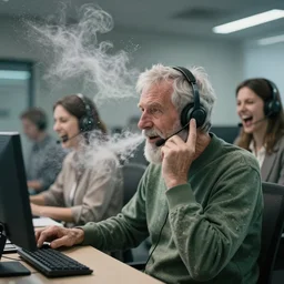 hyper realistic photo in call centre, a celtic weathered old man, aesthetic! women, laughter and screaming face, feedback loop, burst of powders, spraying liquid, volumetric lighting, twisting vapour, bellowing dust, full colour, upscale, 8 k