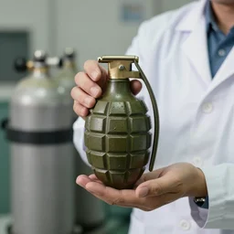 closeup shot of doctor holding a grenade next to a stack of oxygen tanks