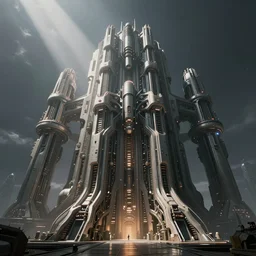 a very detailed building made from complex alien and biomechanical parts, beautiful dynamic lighting, cinematic, wide angle establishing shot, extremely high detail, photo realistic, cinematic lighting, concept art, matte painting, style by lebbeus woods, volumetric lighting, light rays, ultrarealistic, moody, octane render, 8 k