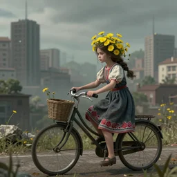 cityscape, dystopian, young girl in a bicycle. yellow flowers in her hair. folk horror. great detail.