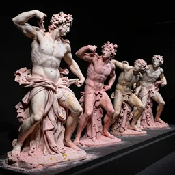 long line-up of pink powdered and golden specks laocoon and his sons struggling and twisted, intertwined full body view, jewelry photography, black background