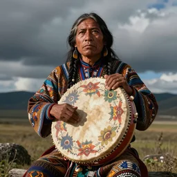 an indigenous shaman playing a beautiful decorated shamanic drum, beautiful colors, fantastic, christophe vacher art style