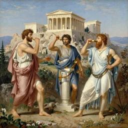 an awe - inspiring raphael lacoste and noah bradley landscape painting of the elite of greek society at the oracle of delphi drinking kykeon discussing the fate of humanity at the acropolis atop mount olympus