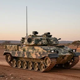 peaceful mobile camoflaged rugged weather station sensor antenna on tank treads, for monitoring the australian desert,  XF IQ4, 150MP, 50mm, F1.4, ISO 200, 1/160s, dawn