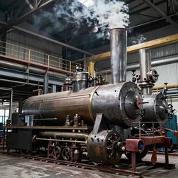 an industrial age steam engine factory, photography
