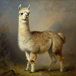 detailed baroque portrait of a llama with dreadlocks, realistic creature concept, heroic pose, oil painting by Thomas Kinkade, detailed, 4k