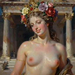 expressive oil painting, of juno temple, seductive look, smirk, glistening body, love, sweat, ornate headpiece made flowers, glamour shot, by yoshitaka amano, by greg rutkowski, by jeremyg lipkinng, by artgerm, digital art, octane render, hard focus