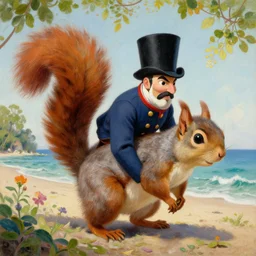 a giant squirrel carrying napoleon!!! on its back, napoleon riding, beach scene with flowers and foliage, detailed oil painting