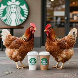 two chickens meeting up for coffee at a Starbucks, ultra realistic