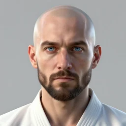 hyper - realistic + photorealistic render with very extreme intricate details, of a balded short bearded man wearing a kung fu outfit, short blue eyes, in the style of final fantasy 1 5, digital game - art by ross tran, movie composition by sana takeda, dramatic cinematic lighting by greg rutkowski