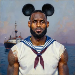 portrait of lebron james in a sailors outfit with mickey mouse ears, oil on canvas painting by william sidyney mount, steamboat willie, disney, trending on artstation