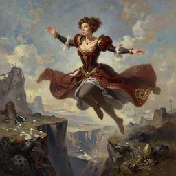 queen Russian Sorcerous, short brown hair, pixie cut, mischievous, flying over a pit, flying over a chasm, flying, Ivan Aivakovsky, Boris Vallejo, epic fantasy character art, D&D Concept Art, full length, Realistic, Regal, Refined, Detailed Digital Art, Oil Paining, Exquisite detail, post-processing, masterpiece, Cinematic Lighting, Unreal Engine, 8k, HD, Stanley Artgerm Lau, WLOP, Rossdraws, Frank Frazetta, Andrei Riabovitchev, Marc Simonetti, trending on artstation, artbreeder, flawless