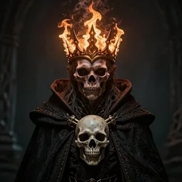 centered portrait of the Gollum wearing a crown formed out of fire, in the style of Dark Souls, cape, skull mask, character concept, high fantasy, gothic, dark atmosphere, malice, medium shot, symmetrical face, golden ratio, cinematic lighting, hyperdetailed, high resolution, insanely detailed and intricate, artstation, Marc Simonetti, Greg Rutkowski, H R Giger, octane render, 8k