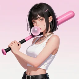 illustration of cyberpunk girl with the baseball bat, bubble gum bubble, pink, teal, rose, magenta, blue, green, splattets design, fashion