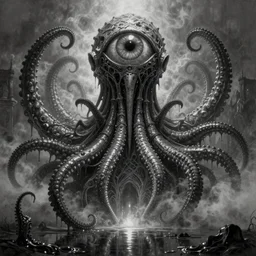 ultra realist soft painting of the world of Lovecraft Elden Ring and Giger, gigantic oily tentacles and eyes, very intricate details, ultra dense fog, golden ratio, volumetric black and white lighting, reflections, refractions, symmetry accurate anatomy features, octane render