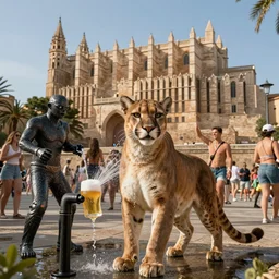 a beautiful humanoid puma partying together with a humanoid water sprinkler dripping fresh beer in the city centrum from palma de mallorca with palma cathedral in the background, highly detailed, octane render, k, cinematic, high detail, unreal engine, 8 k, high contrast, golden ratio, trending on cgsociety