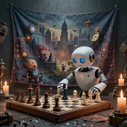 a beautiful tapestry, a small robot playing 3 d chess, ultra detailed, cityscape, atmospheric lighting, rain, steampunk, moody, candles, characters from machinarium, by don bluth, trending on artstation, octane render, 8 k, ultra realistic