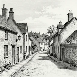 a charcoal drawing of an 18th century village street