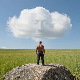 the clouds form the face of dwayne the rock johnson's tiny head coming out of a rock, looking out on a field of short grass