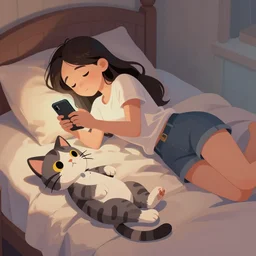 a girl is lying on the bed and playing with her mobile phone, a ragdoll cat is lying on the side, characterized by roman shipunov, etienne hebinger, atey ghailan, cgsociety, fantasy art, 2 d game art