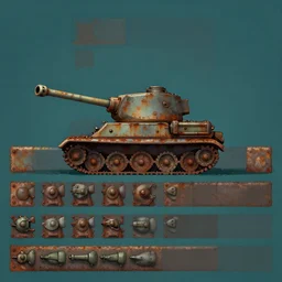 digital painted rusted top - down tank spritesheet, unity asset store