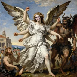 renaissance painting of a beautiful terrifying multi - armed angel woman with a pretty face makeup clothed in white lace linen fighting against satan with a roman town in the background by frank frazetta, charlie bowater, magali villeneuve, j. c. leyendecker, ultra realistic, 4 k, photo realistic, volumetric lighting,
