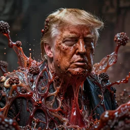 donald trump's disgusting true form bursting from within, gross, slimy, sleazy, pustules, high details, intricate details, by olly moss