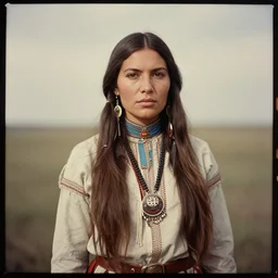 an analog 120mm film portrait of a Comanche woman mid-twenties, attractive, alluring, powerful 1860, cinematic, long hair, glass plate photography, hq, detailed, realistic