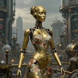 brass semi - mechanical woman, portrait, floral art novuea dress, art by ardian syaf and moebius, in steampunk cyberpunk cityscape