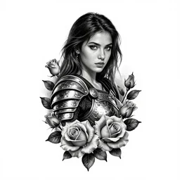 tattoo design on white background of a beautiful girl warrior, roses, hyper realistic, realism tattoo, by eliot kohek