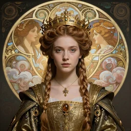 beautiful young medieval queen by chie yoshii, iris van herpen, jean delville, james jean spiraling clouds, alphonse mucha, visionary, symbolist, detailed face portrait octane render, ornate garments