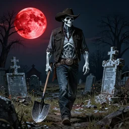 ghost cowboy walking into ruined graveyard, shovel, nightime, highly detailed, artwork by dan mumford, blood red moon