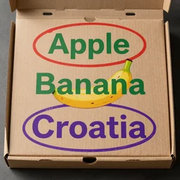 a closed pizza box with the words 'Apple', 'Banana', and 'Croatia', written on it from top to bottom. There is a red green circle around 'Banana' and a purple circle around 'Croatia'. Hyper realistic, photograph, photorealism, 8k, unreal engine, detailed, accurate, centered, lighting