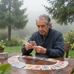 osho playing cards at morning, octane render, trees, evergreen, patio, garden, wet atmosphere, tender, soft light misty