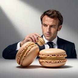 emmanuel macron merged with a macaron, as a macaron, macaron hybrid, pack shot, clean photography, advertising campaign