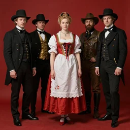 Louis Marie De Schryver and Solomon Joseph Solomon and Richard Schmid and Jeremy Lipking victorian genre painting full length portrait painting of a young beautiful woman traditional german french barmaid in fantasy costume, red background