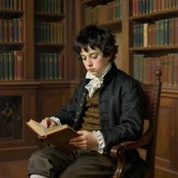 museum painting, wide - shot, 1 0 years old pale boy with short black messy hair, wearing clothes of 1 8 th century, in the library, in a chair with a book, sharp focus, highly detailed, digital art, oil painting, masterpiece, by artgerm, by greg rutkowski, by mucha, by kinkade
