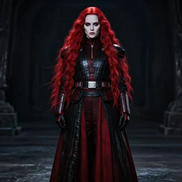 lily - rose depp as sith warrior, determined, powerful, pale makeup, very long flowing bright red hair, wearing black and red imperial sith military robes, full body portrait, centered composition, still from star wars film, 8 k, hypermaximalist, extremely detailed, cinematic, nighttime, dark lighting