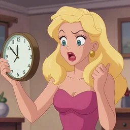 a beautiful blonde woman looking at a clock, in a panic because she is late. Looney tunes anime style